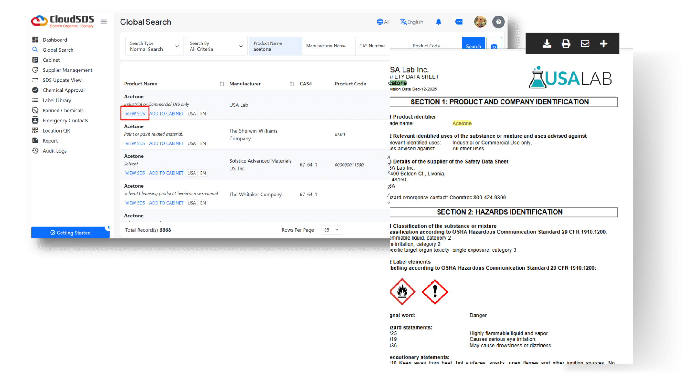 How does our Safety Data Sheet Search Work Screenshot of a safety data system showing a Global Search results table for acetone, with a 'VIEW SDS' link and 'ADD TO CABINET' actions, alongside a separate safety data sheet document on the right.